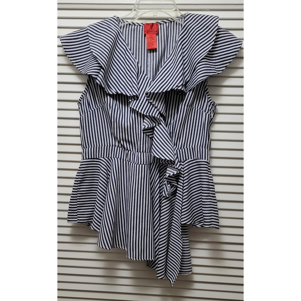 Chic Womens Navy White Striped Ruffle V-Neck Peplum Blouse Top Medium
